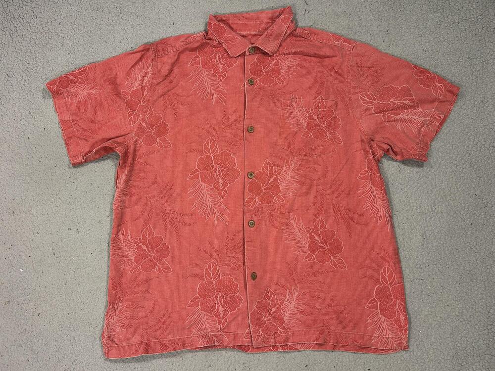 Tommy Bahama Shirt Mens XL Red Silk Hawaiian Floral Hibiscus Jacquard Aloha Camp